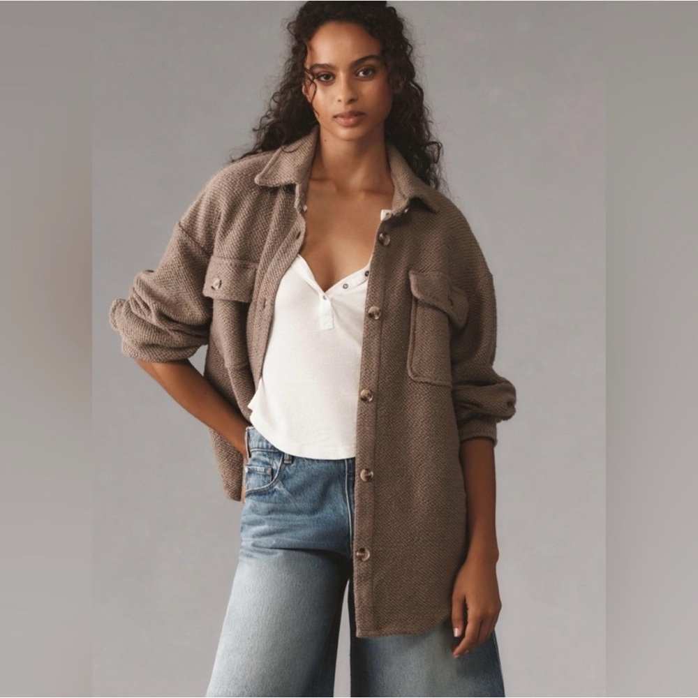 by Anthropologie Knit Shacket S Taupe Grey Button Front Tortoise Shell Cotton